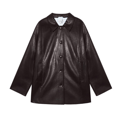AsGony ASG25334 Cuff plaid patchwork leather jacket