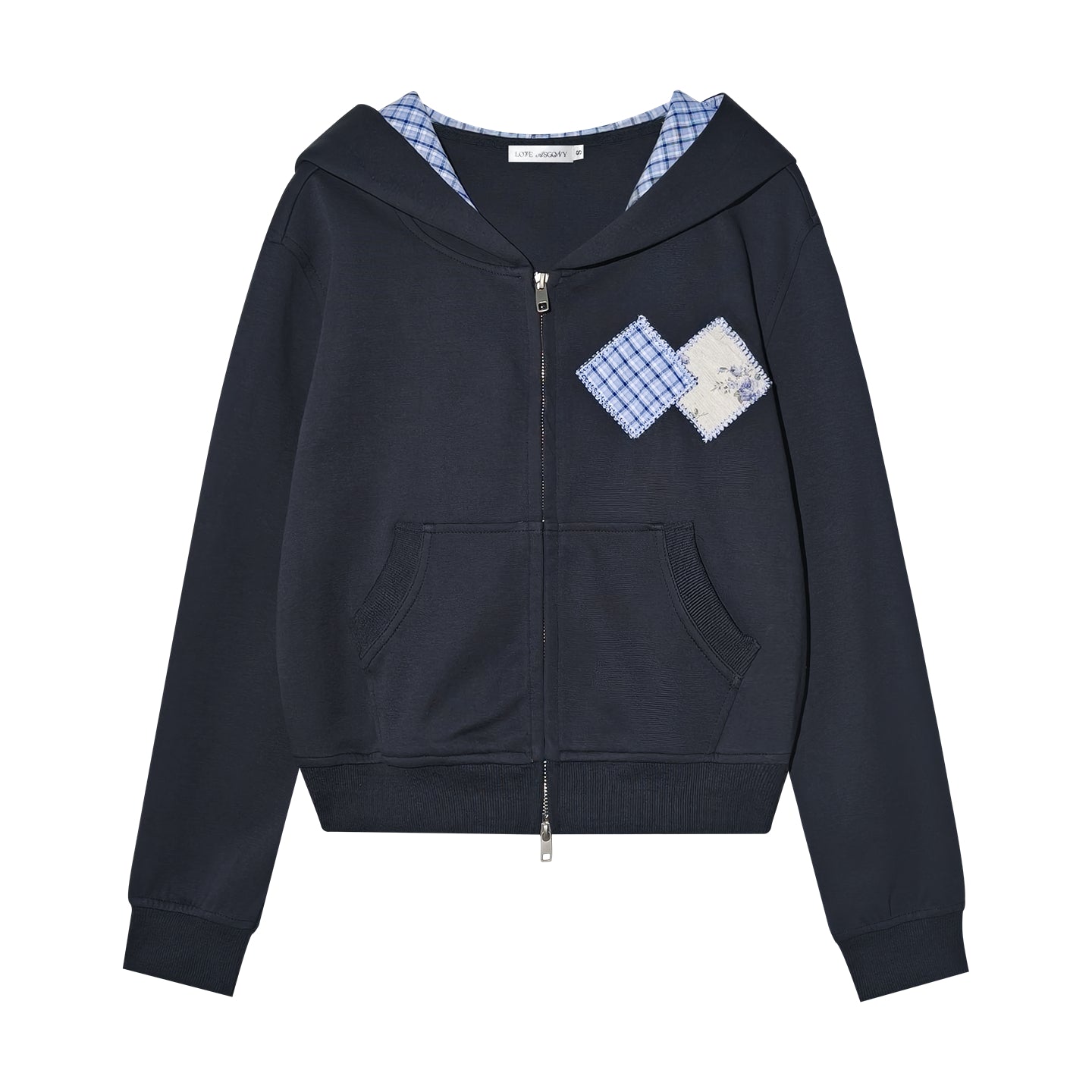 AsGony ASG25351&amp;ASG25352 Grid patchwork applique zip-up hoodie + pants set