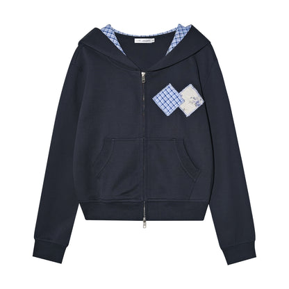 AsGony ASG25351&amp;ASG25352 Grid patchwork applique zip-up hoodie + pants set
