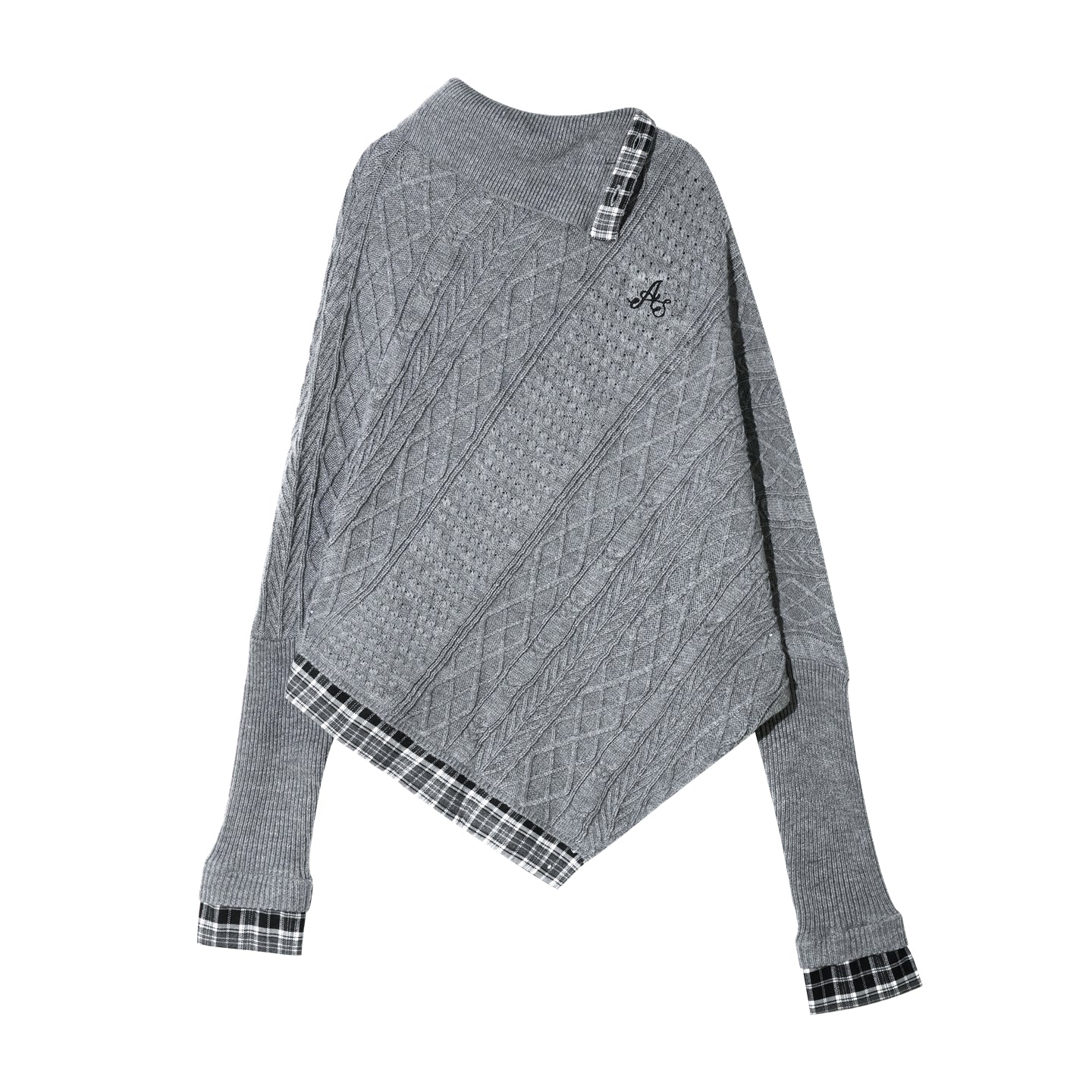 AsGony ASG25372 Collar plaid patchwork bat sleeve sweater