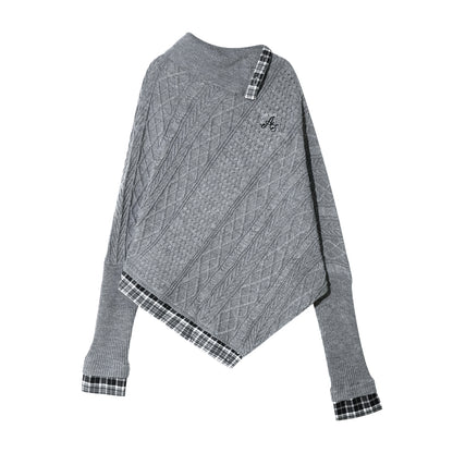 AsGony ASG25372 Collar plaid patchwork bat sleeve sweater