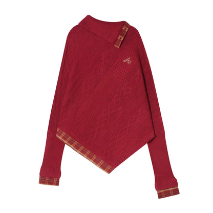 AsGony ASG25372 Collar plaid patchwork bat sleeve sweater