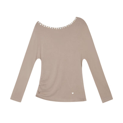 AsGony ASG25374 Off shoulder shell mother decoration long sleeved base top