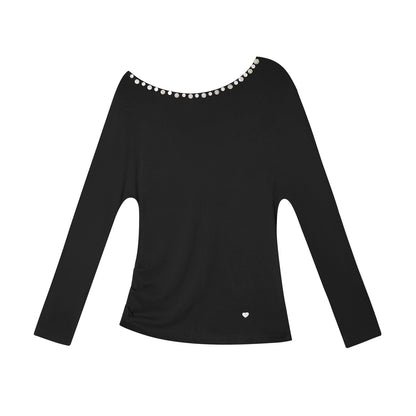 AsGony ASG25374 Off shoulder shell mother decoration long sleeved base top