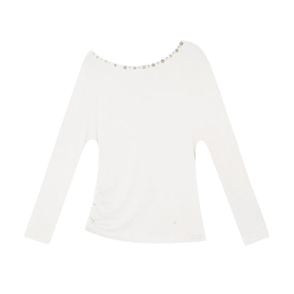 AsGony ASG25374 Off shoulder shell mother decoration long sleeved base top