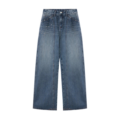 AsGony ASG25376 Rivet washed curved knife jeans