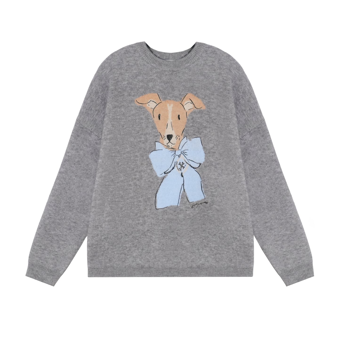 AsGony ASG25378 Bow puppy jacquard round neck pullover sweater