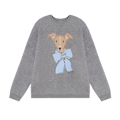 AsGony ASG25378 Bow puppy jacquard round neck pullover sweater