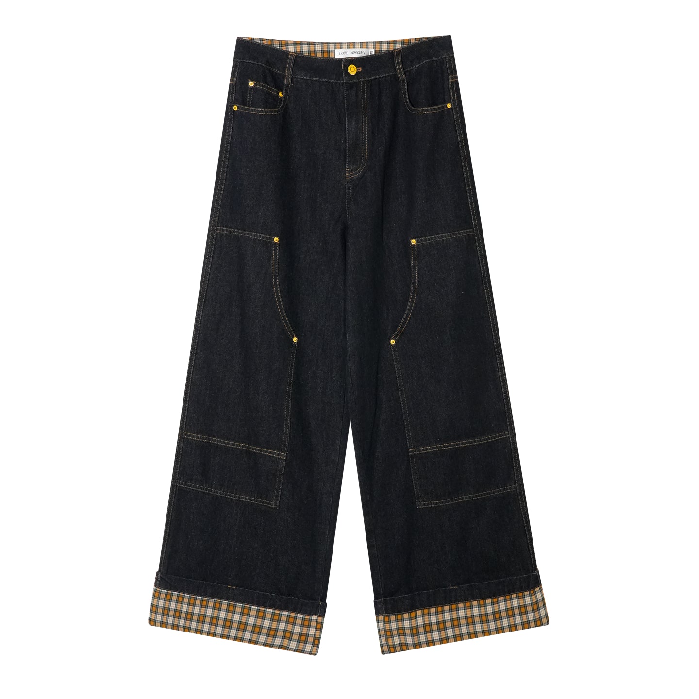 AsGony ASG25380 Plaid spliced flared hem original denim jeans