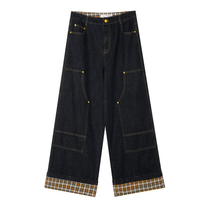 AsGony ASG25380 Plaid spliced flared hem original denim jeans