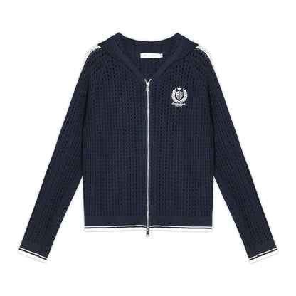 AsGony ASG25388 Hollow knit hooded contrasting embroidered sweater