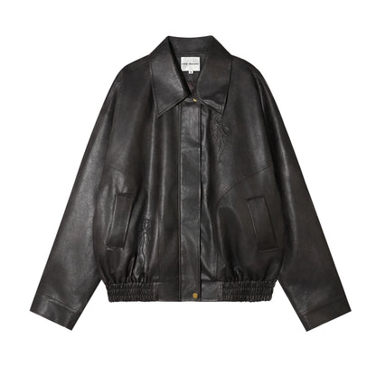 AsGony ASG25389 Bow collar loose jacket leather jacket