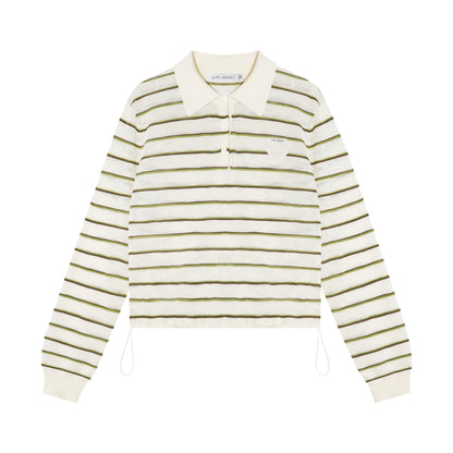 AsGony ASG25391 Striped lapel hem drawstring polo knit base top