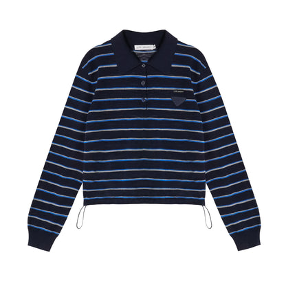 AsGony ASG25391 Striped lapel hem drawstring polo knit base top