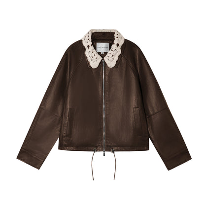 AsGony ASG25392 Detachable hand hook collar zipper leather jacket