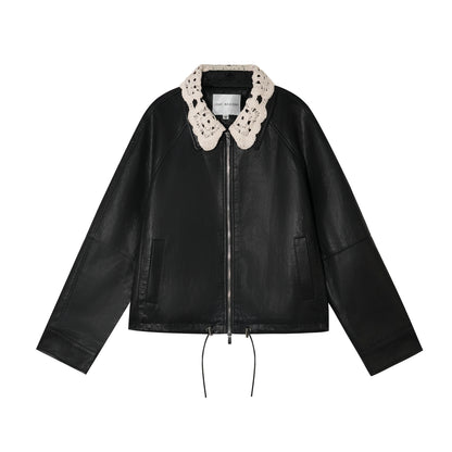 AsGony ASG25392 Detachable hand hook collar zipper leather jacket