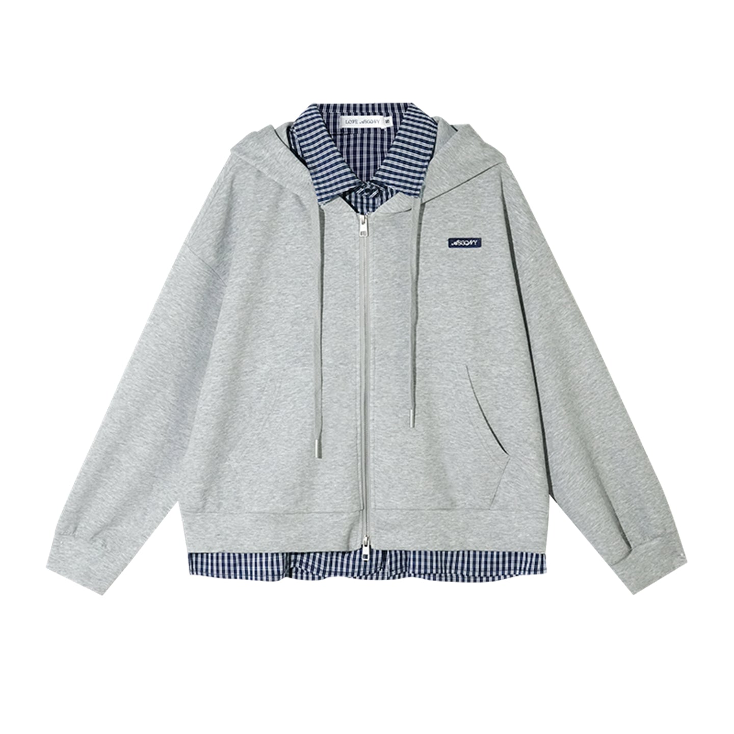 AsGony ASG25398 Fake two piece checkered patchwork hooded zipper hoodie