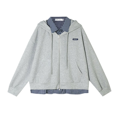 AsGony ASG25398 Fake two piece checkered patchwork hooded zipper hoodie