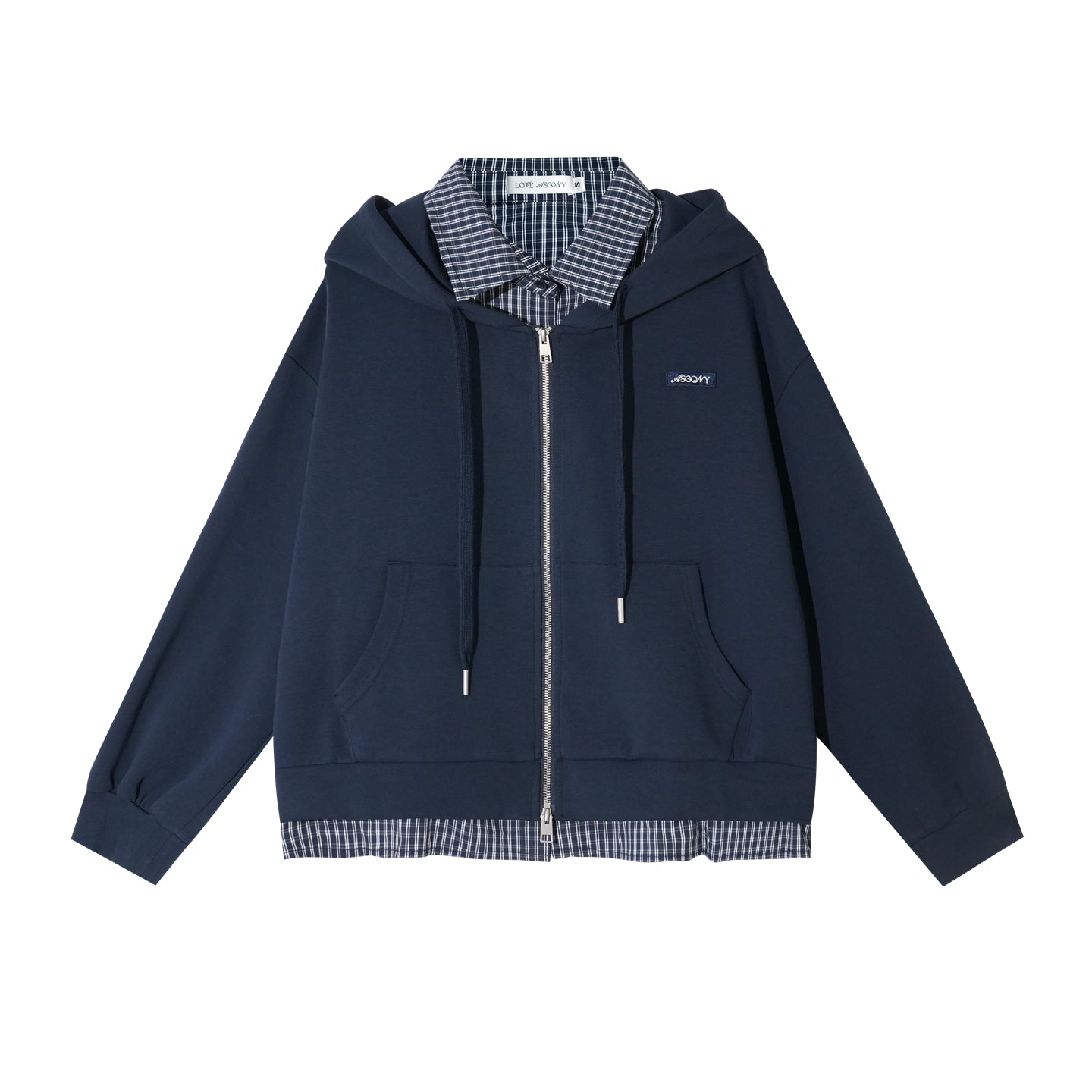 AsGony ASG25398 Fake two piece checkered patchwork hooded zipper hoodie
