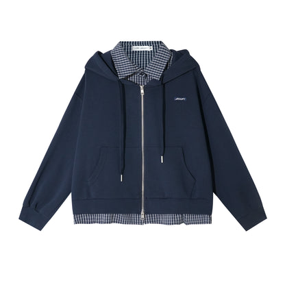 AsGony ASG25398 Fake two piece checkered patchwork hooded zipper hoodie