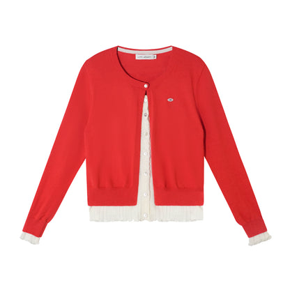 AsGony ASG25409 Color blocking fake two-piece spliced knitted cardigan
