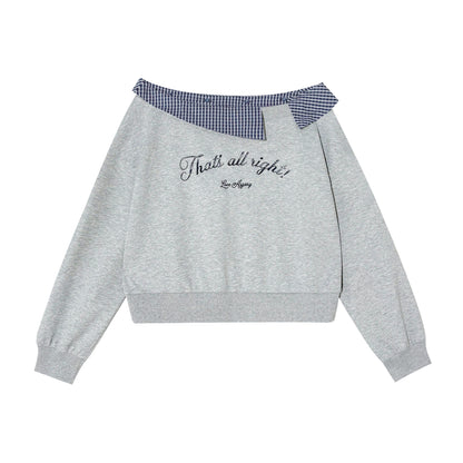 AsGony ASG25422 Off shoulder slanted shoulder patchwork printed embroidered hoodie