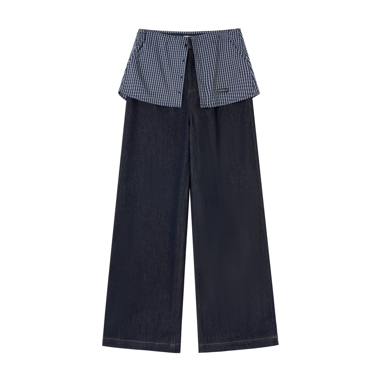 AsGony ASG25423 Checkered splicing fake two-piece straight leg jeans