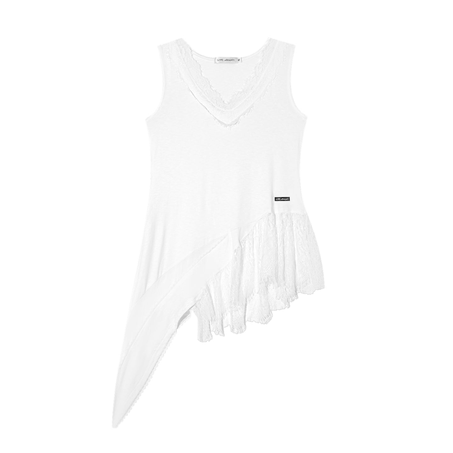AsGony ASG25431 V-neck lace patchwork asymmetrical hem vest