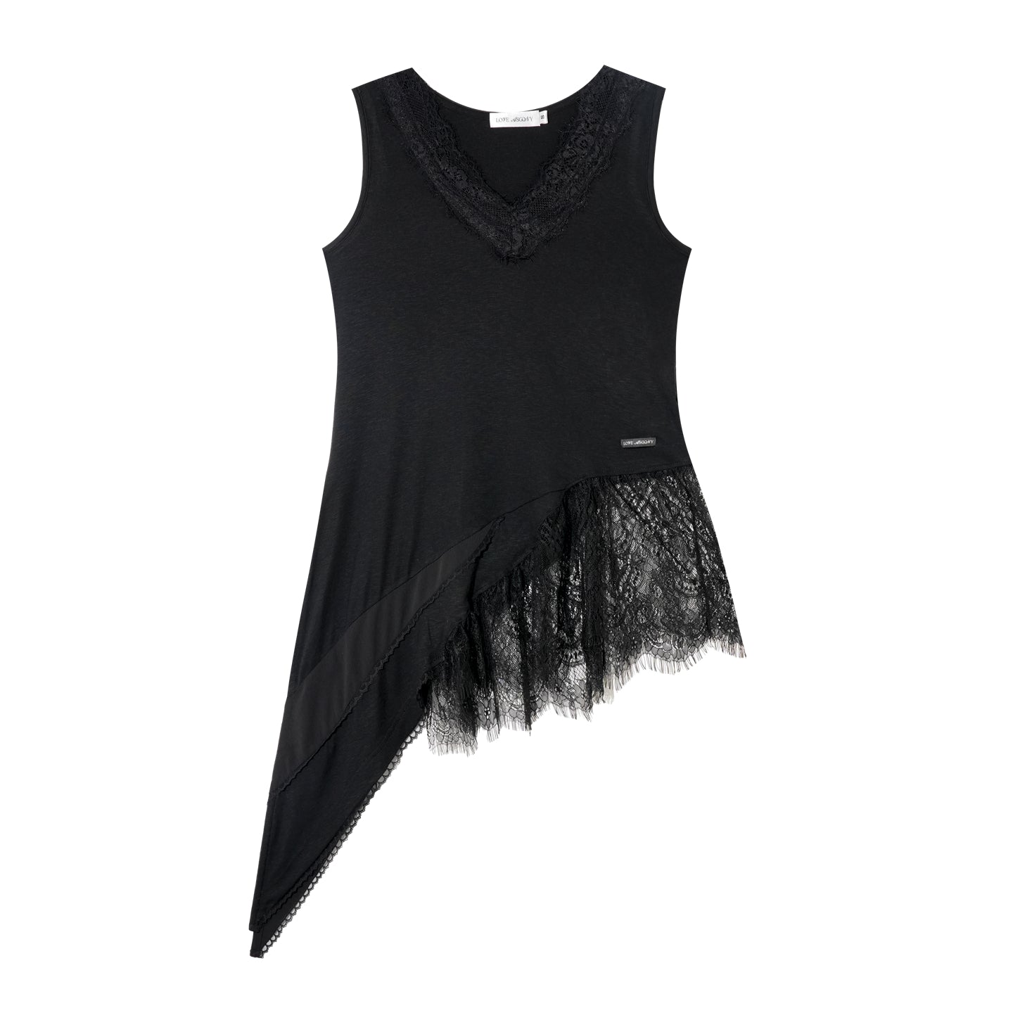 AsGony ASG25431 V-neck lace patchwork asymmetrical hem vest