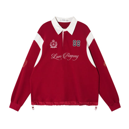 AsGony ASG25439 Color blocking shirt collar embroidered drawstring sweatshirt