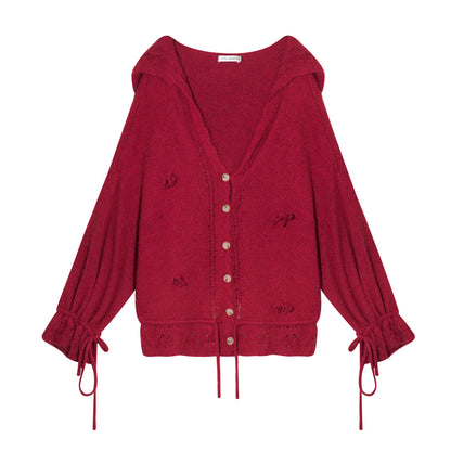 AsGony ASG25452 V-neck flower tie wool blend knitted cardigan