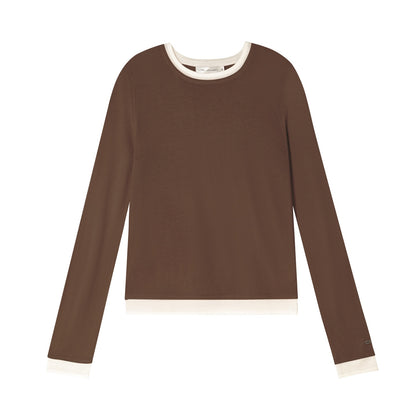 AsGony ASG25465 Fake two wool and cashmere spliced round neck base T-shirt