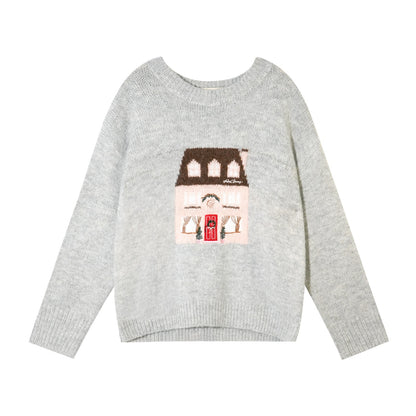 AsGony ASG25472 Jacquard embroidered round neck pullover sweater