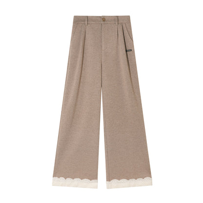 AsGony ASG25473 Embroidered lace straight leg wool casual pants