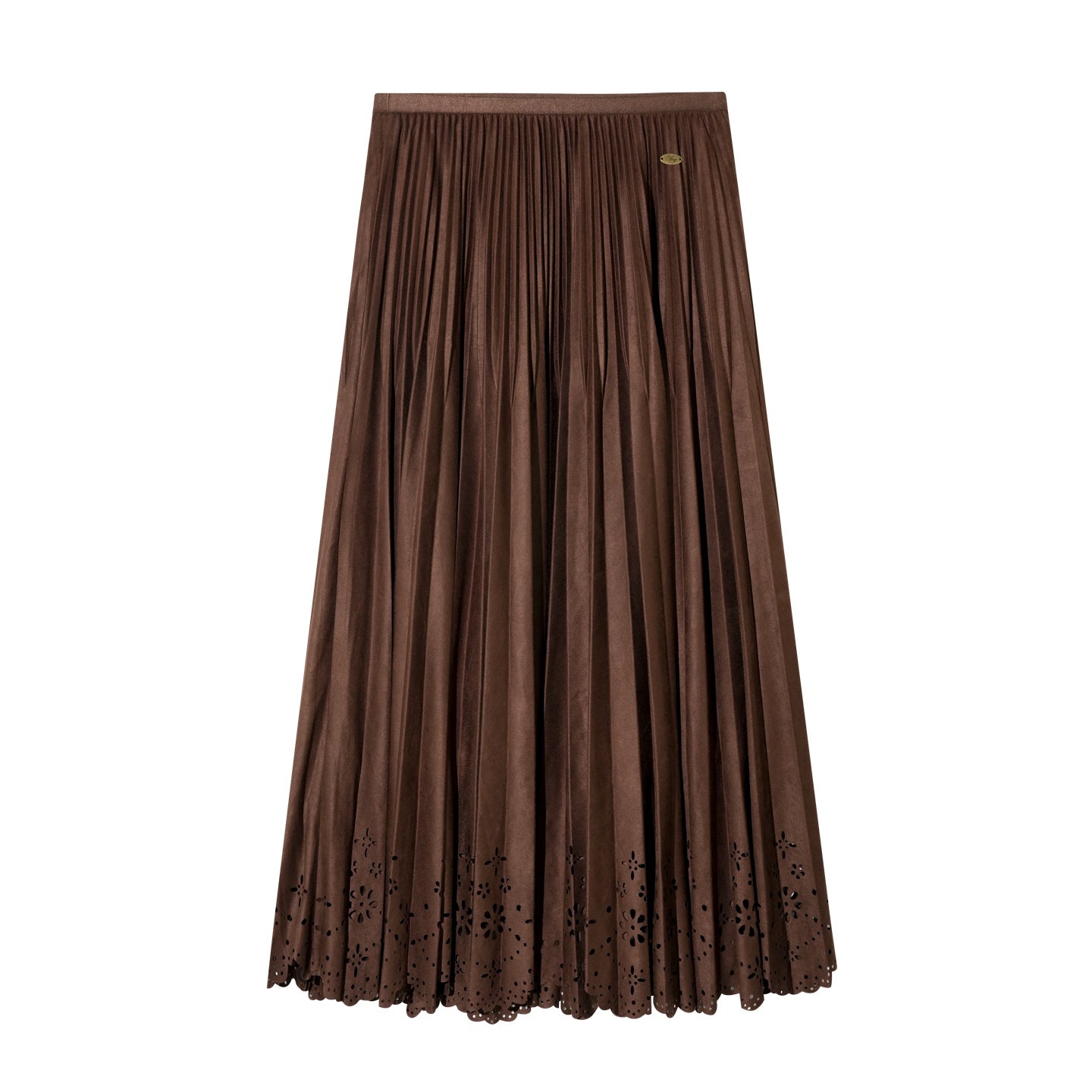 AsGony ASG25477 Hollow lace hem pleated suede long skirt
