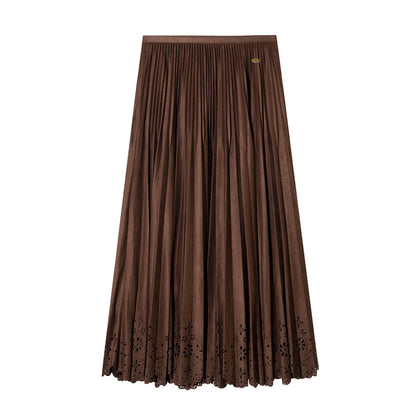 AsGony ASG25477 Hollow lace hem pleated suede long skirt