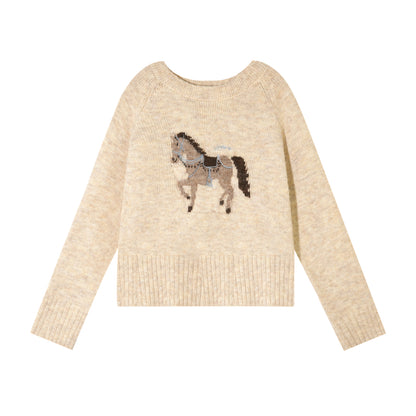 AsGony ASG25480 Wool pony jacquard embroidered round neck sweater
