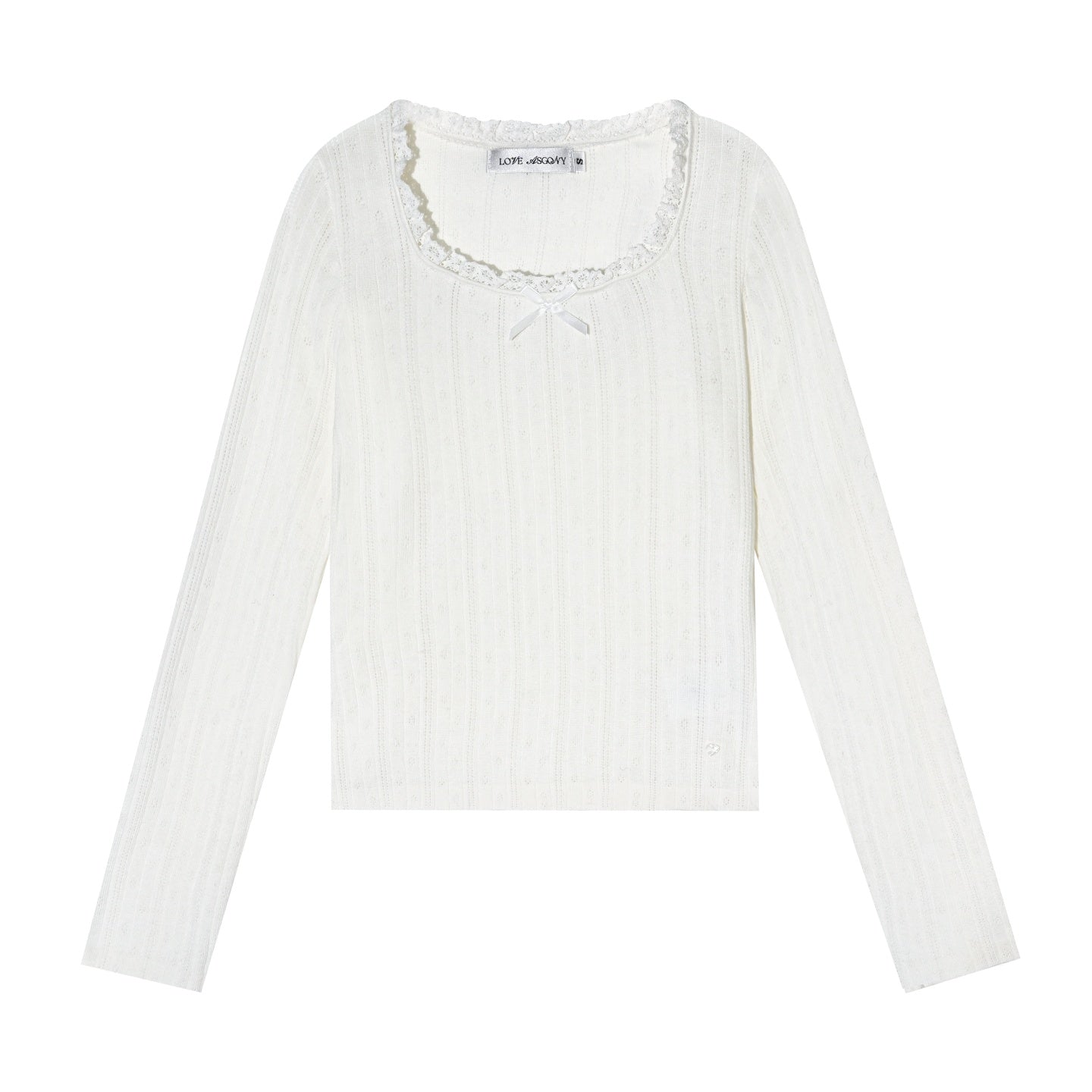 AsGony ASG25483 U-neck lace bow hollow knitting base top