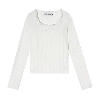 AsGony ASG25483 U-neck lace bow hollow knitting base top