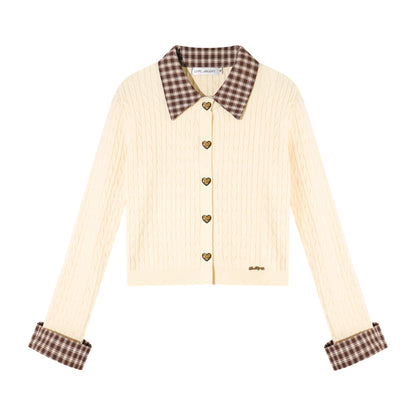 AsGony ASG25485 Wool plaid patchwork shirt collar twisted knit sweater