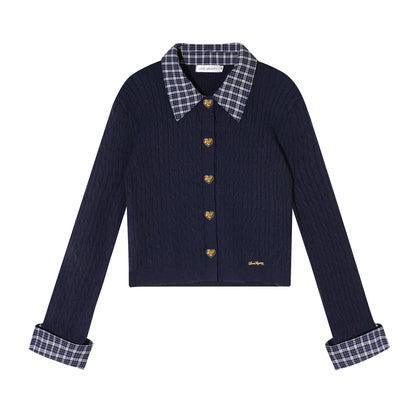 AsGony ASG25485 Wool plaid patchwork shirt collar twisted knit sweater