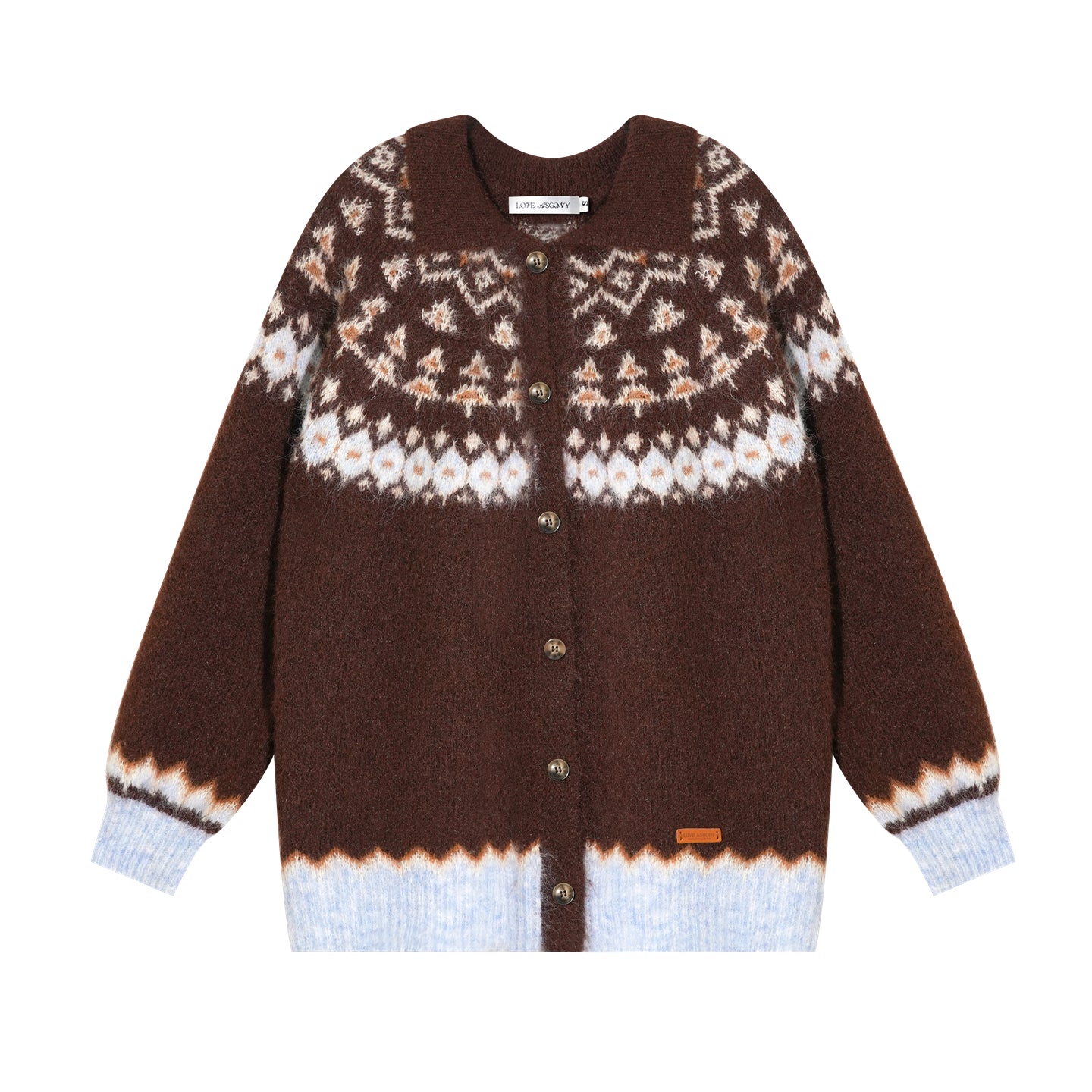 AsGony ASG25496 Wool Jacquard Fel Island Collar Button Knitted Cardigan