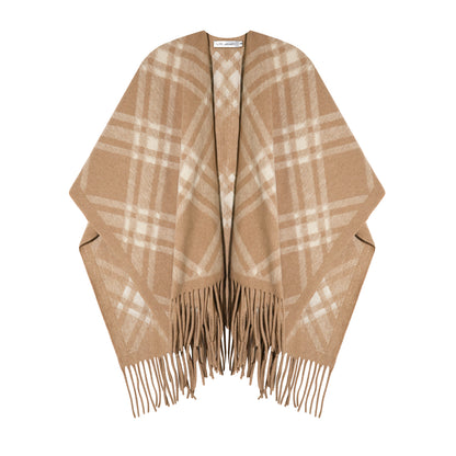 AsGony ASG25516 Vintage plaid fringe cape shawl