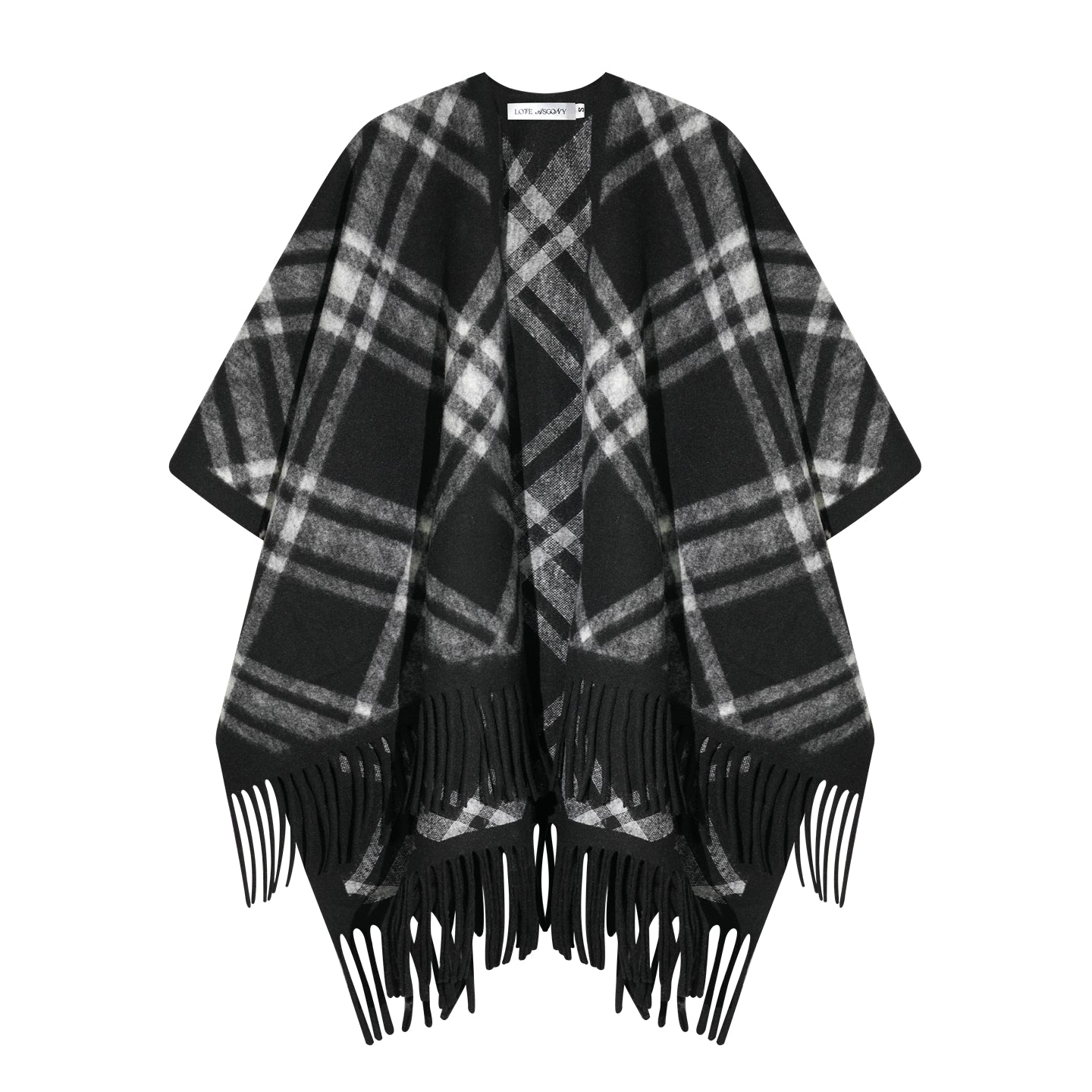 AsGony ASG25516 Vintage plaid fringe cape shawl