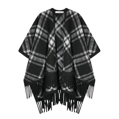 AsGony ASG25516 Vintage plaid fringe cape shawl
