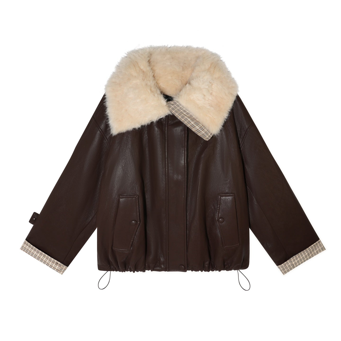 AsGony ASG252690 Grid splicing suede collar short leather down jacket