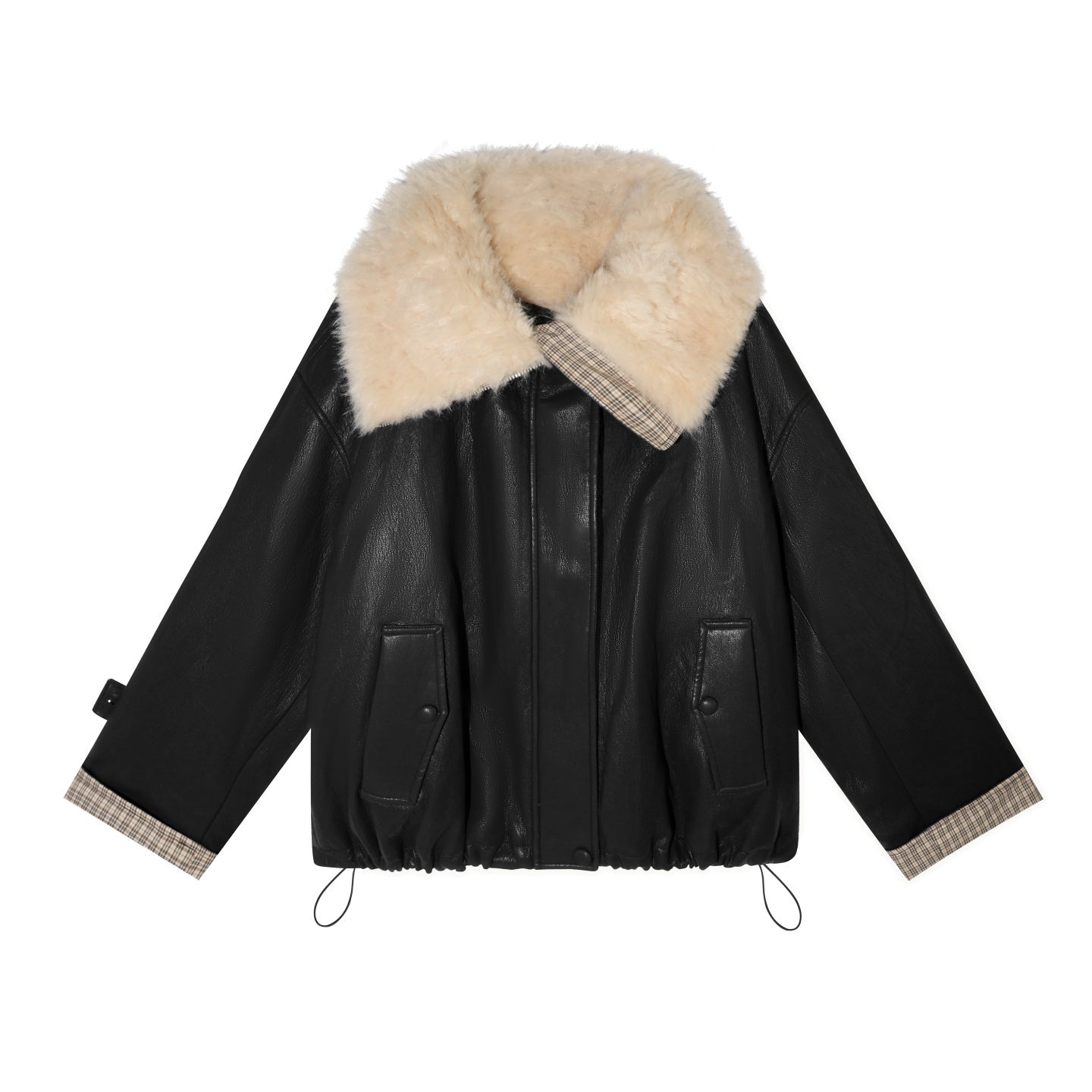 AsGony ASG252690 Grid splicing suede collar short leather down jacket