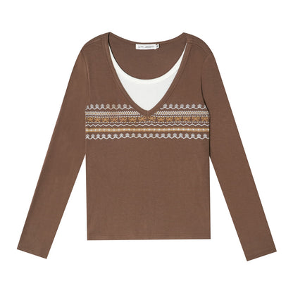 AsGony ASG25546 Fair Island Printed Fake Two Piece Top