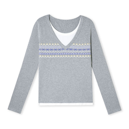 AsGony ASG25546 Fair Island Printed Fake Two Piece Top