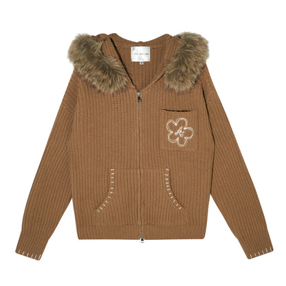 AsGony ASG25552 Detachable fur collar texture embroidered knit cardigan